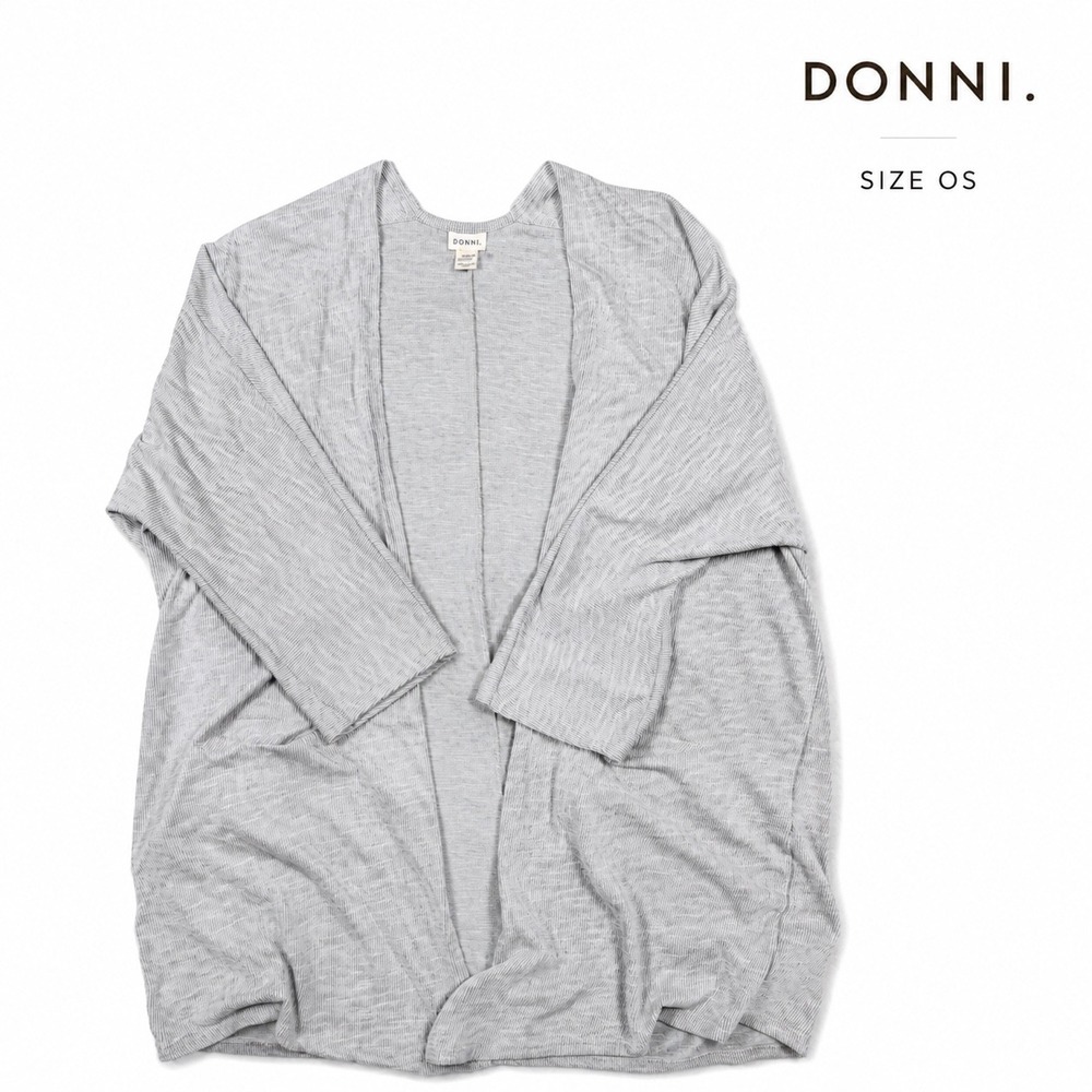 DONNI OSFA Gray Ribbed Open Front Cardigan Sweater Coat Pockets Oversized